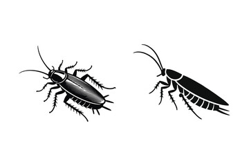 Black Cockroach Silhouette Set with Detailed Design, White Background