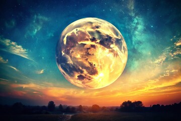 Vintage Photo: Majestic Big Moon in a Deep Blue Sky