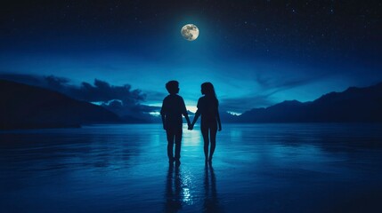 Fototapeta premium Silhouetted Couple Holding Hands Under Night Sky