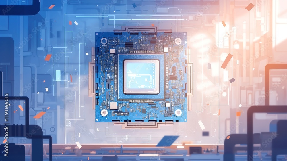 Poster blue circuit board design featuring an ai processor chip, modern technology backdrop ideal for web b