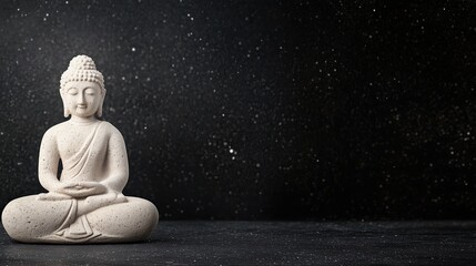 A peaceful Buddha statue carved from stone, meditating with a dramatic and vibrant color explosion in the background, symbolizing enlightenment