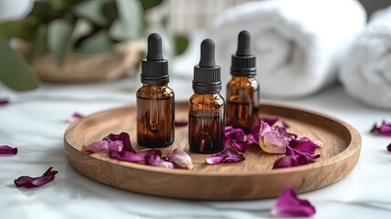 Three amber glass bottles with dropper tops filled with essential oil on a wooden tray surrounded by rose petals and white towels.