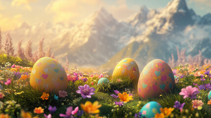 Easter Eggs in a flower field, easter holiday concept