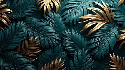 Horizontal artwork composition of trendy tropical green leaves - monstera, palm and ficus elastica