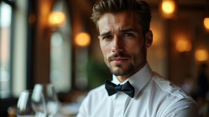Fototapeta premium Portrait of a waiter in a white shirt and bow tie, blurred upscale restaurant background. Focused, professional expression highlights elegance and hospitality. No hands or serving tools shown.