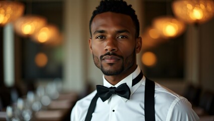 Fototapeta premium Portrait of a waiter in a white shirt and bow tie, blurred upscale restaurant background. Focused, professional expression highlights elegance and hospitality. No hands or serving tools shown.