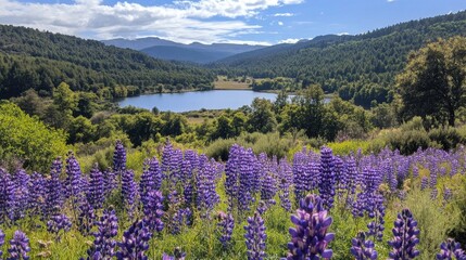 Serene Mountain Lake with Blooming Lupines