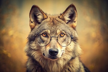 Obraz premium Vintage Portrait: Grey Wolf Wearing Glasses - Majestic Canine in Sepia Tone