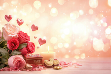 Valentine's Day background wallpaper featuring hearts, flowers, chocolates, and gifts in a romantic and festive design