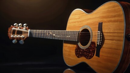 Fototapeta premium Stunning Close-Up of an Elegant Acoustic Guitar Showcasing its Unique Wood Grain and Craftsmanship, Perfect for Music and Art