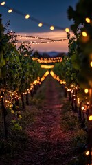 Romantic Vineyard Pathway with String Lights at Sunset Evening