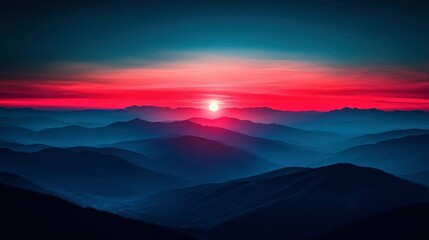 Crimson Sunset Over Rolling Mountains