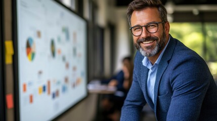 Fototapeta premium Successful Businessman Smiling Confidently Near Whiteboard