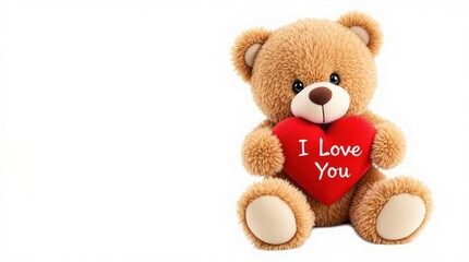 A soft plush teddy bear hugging a heart with I Love You text, set against a plain pink background