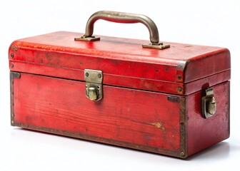 Vintage Red Toolbox with Metal Clasps and Wooden Handle - Panoramic Stock Photo