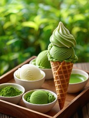 Matcha and Vanilla Swirl Ice Cream Cone
