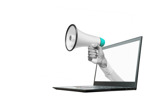 hand holding a megaphone from laptomonitor on a isolated free png background with clipping path