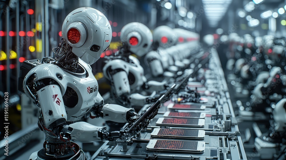 Poster advanced robots assembling smartphones in high-tech factory setting