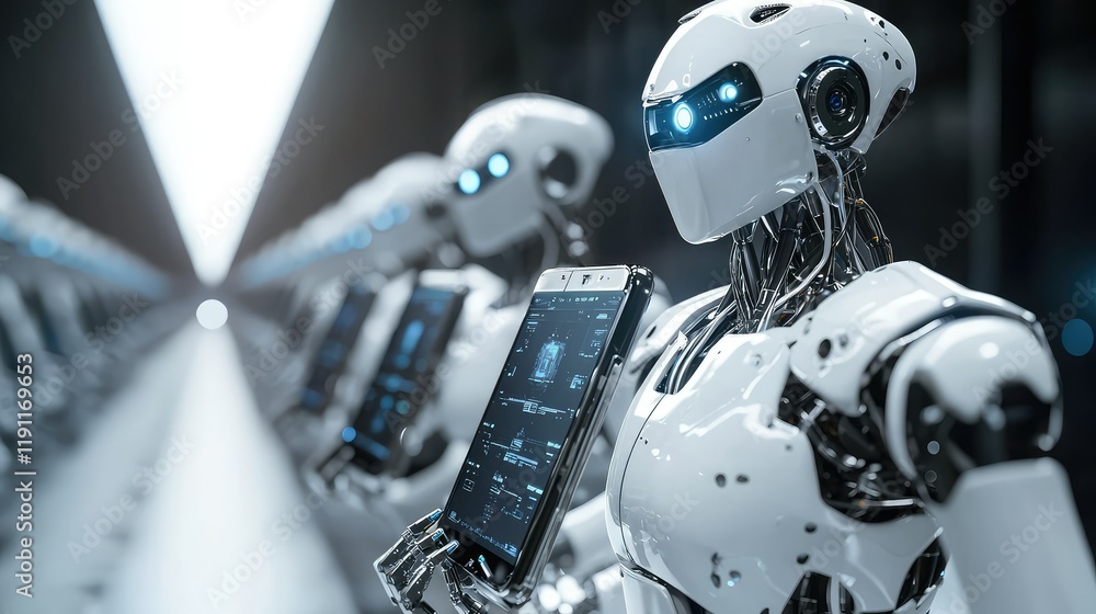 Poster futuristic robots holding devices in high-tech environment