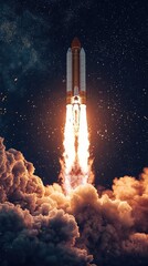 Rocket Launching into Space with Bright Flames and Cosmic Background