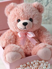 Teddy Bear in a Pink Present Box with Pearls