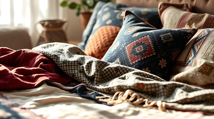 Cozy Bedroom Decor: Ethnic Pillows and Soft Blankets.  Bohemian Home Interior Design. Rustic and Vintage Style Bedding.