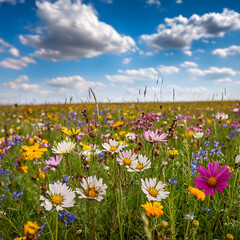 Vibrant wildflowers bloom under a bright summer sky. A colorful meadow bursting with life.