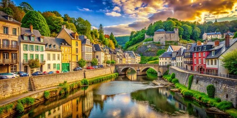 Vintage Semois River Bouillon Belgium Medieval Town Scenic Landscape