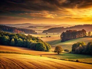 Fototapeta premium Vintage Sepia Dawn: Open Field, Rolling Hills, and Distant Forest