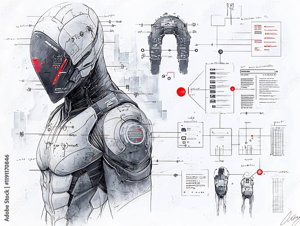 Poster futuristic and information exchange sketched humanoid figure with data interface elements navigation