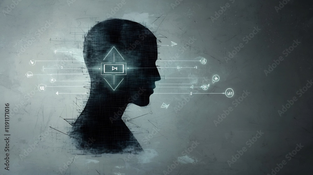 Poster silhouetted human figure surrounded by a digital sketch style environment filled with navigation poi