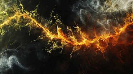 Abstract fiery swirls blend with smoke creating a cosmic scene