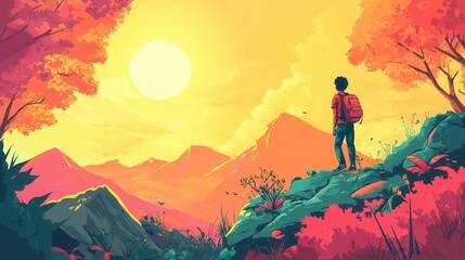 Fototapeta premium Backpacker Contemplates Scenic Mountain Vista at Sunset