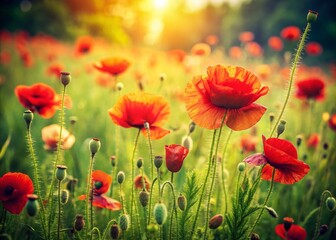 Fototapeta premium Vintage Spring Meadow: Vibrant Red Poppies Blooming in Lush Green Field