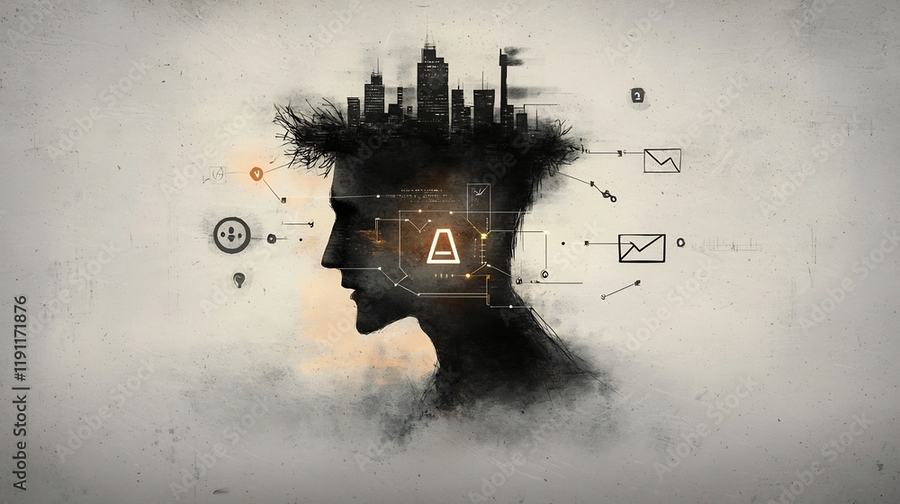 Poster digital silhouette figure surrounded by navigational pointers and data symbols set against a moody u