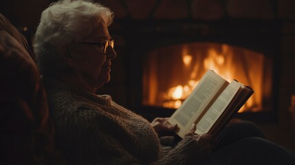 Obraz premium Elderly Woman Reading a Book by a Fireplace