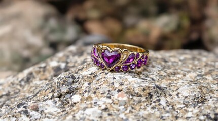 Fototapeta premium A stunning purple and gold heart-shaped ring resting elegantly on a soft gradient background