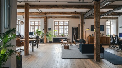 Obraz premium Modern minimalist workspace with wooden beams and plants