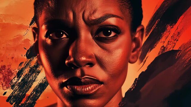 Black wonam displays a fierce expression, embodying strength and focus amidst striking, vibrant orange colors and dynamic patterns