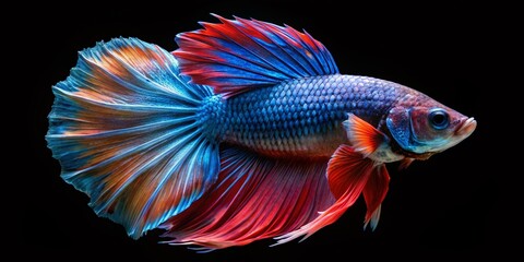 Fototapeta premium Vintage Style Betta Fish Photography: Isolated Male Siamese Fighting Fish on Black Background