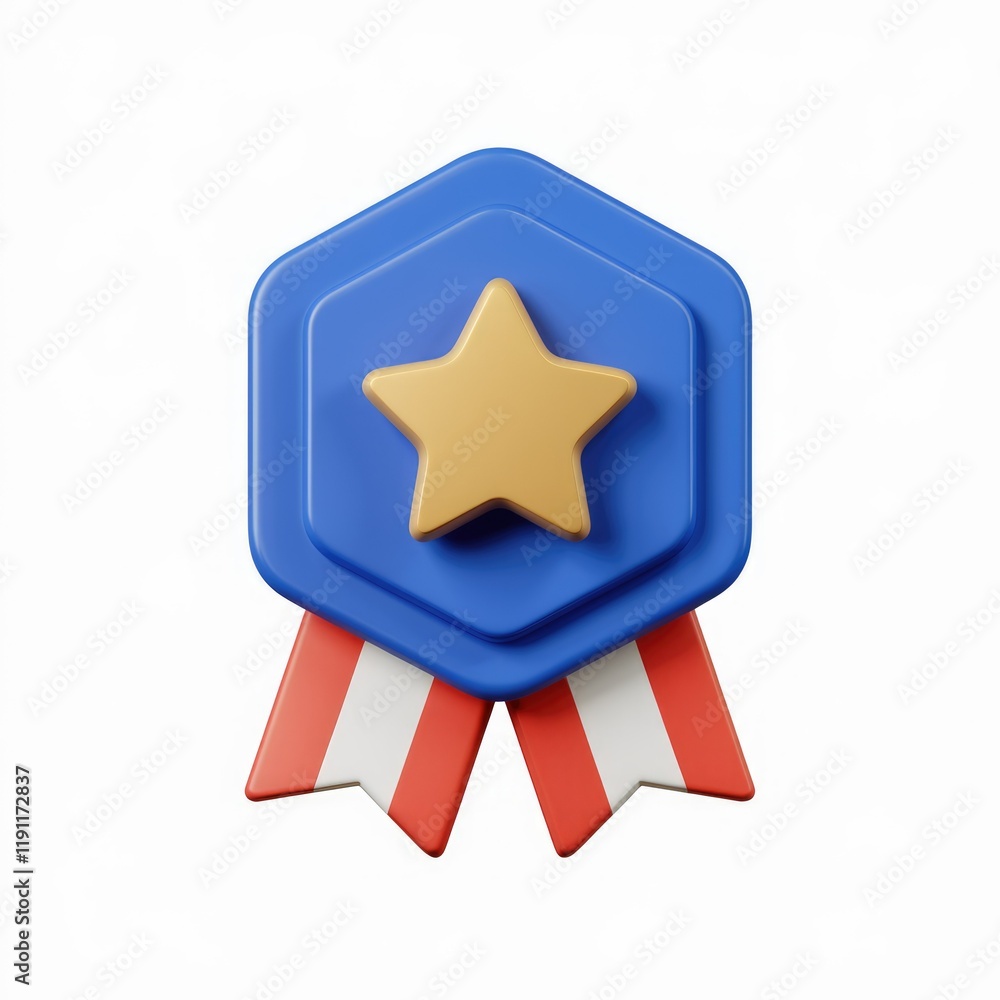 Poster a 3d rendered blue hexagonal badge with a gold star and red and white ribbon, symbolizing achievemen