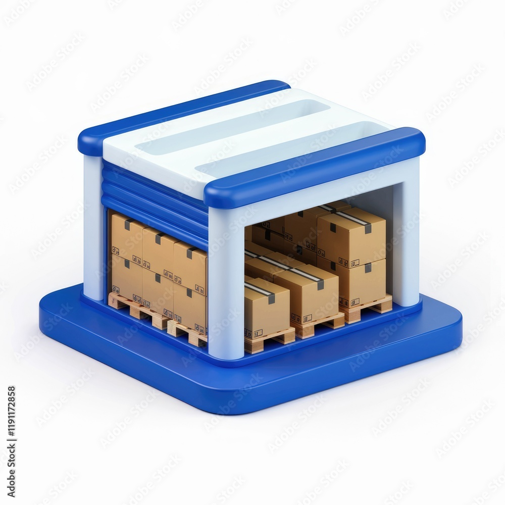 Poster a miniature blue warehouse with cardboard boxes on pallets inside, representing storage and logistic