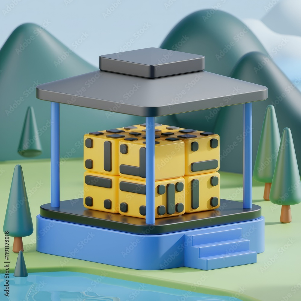 Aufkleber a yellow cube with a unique pattern sits under a gazebo in a serene landscape.