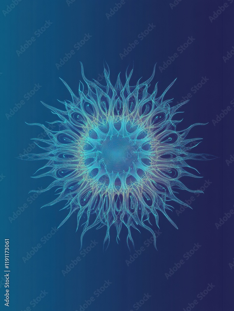 Poster simple and clean illustrative representation of a virus with intricate details on a gradient backgro