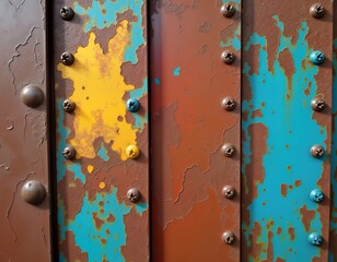 Fototapeta premium Rusty metal wall with peeling paint, rivets. Weathered surface shows vibrant colors under layers of rust. Aged metal structure with visible texture. Close up view of industrial wall material. Vintage
