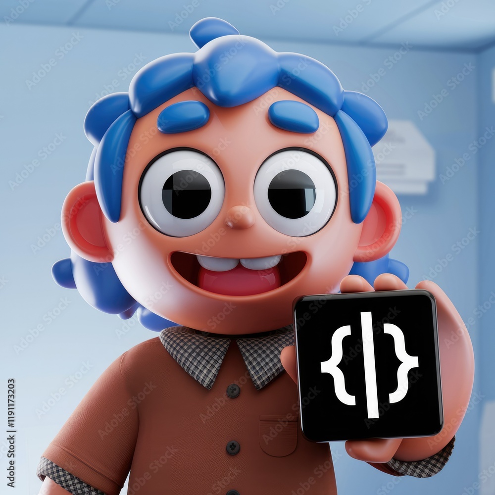 Poster A 3D cartoon character with blue hair holding a black square with code brackets, representing coding or programming.