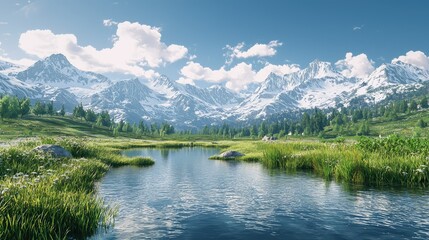 Serene Mountain Landscape with Clear Lake and Lush Greenery