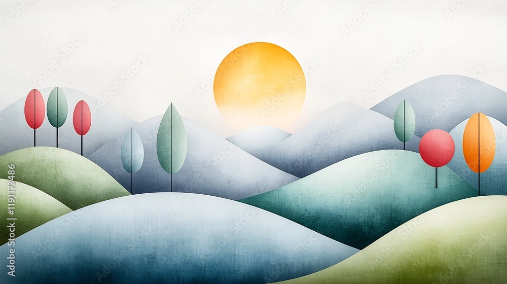 Aufkleber serene and stylized minimalist landscape with subtle gradient background delicate rounded shapes
