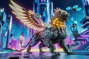 A majestic robotic lion with luminous wings stands in a vibrant futuristic city.