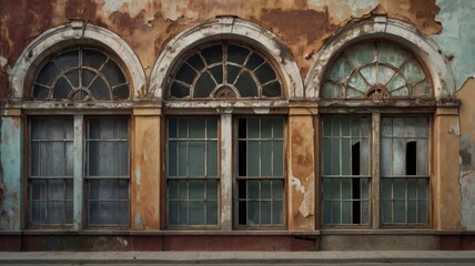 A Stunningly Weathered Facade: The Beauty of Decay Captured in an Urban Setting, Featuring Historic Arches and Colorful Peeling